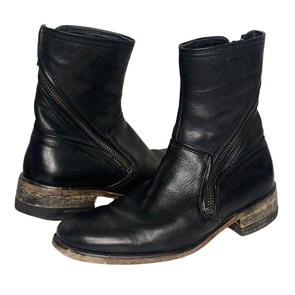 John Varvatos Rocker Twisted Black Leather Distressed Zipper Boots Men's 7.5